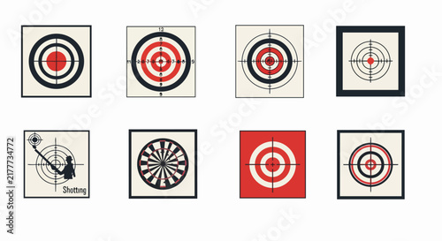 Four square target boards arranged in a two-by-two grid for accuracy testing, with three featuring concentric red and black rings.