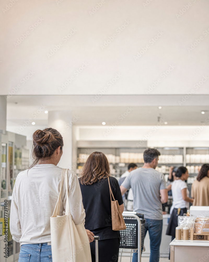 Obraz premium Checkout line of blurred shoppers in bright softly lit modern store background