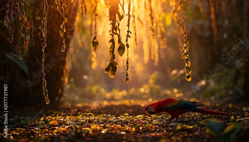 A vibrantly colored scarlet macaw pecks at the ground in a sun-drenched rainforest clearing.