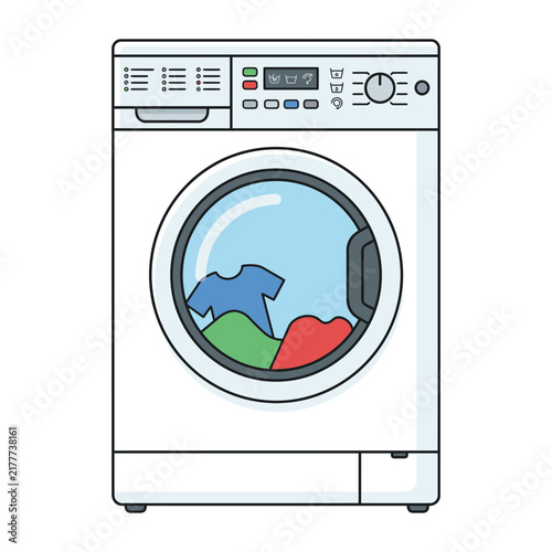 Modern white washing machine with colorful clothes inside isolated on a clean background