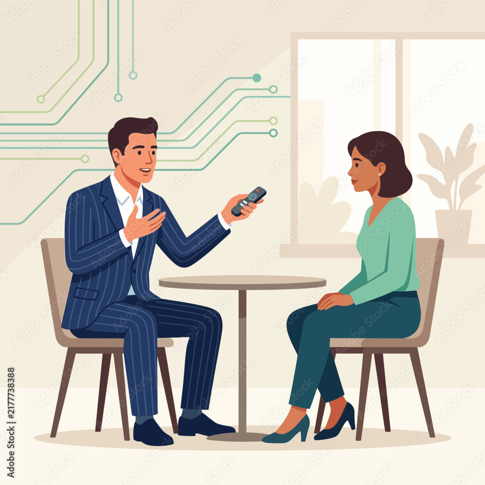 Obraz premium Man holding remote control presents ideas to woman in meeting room with circuit board graphic