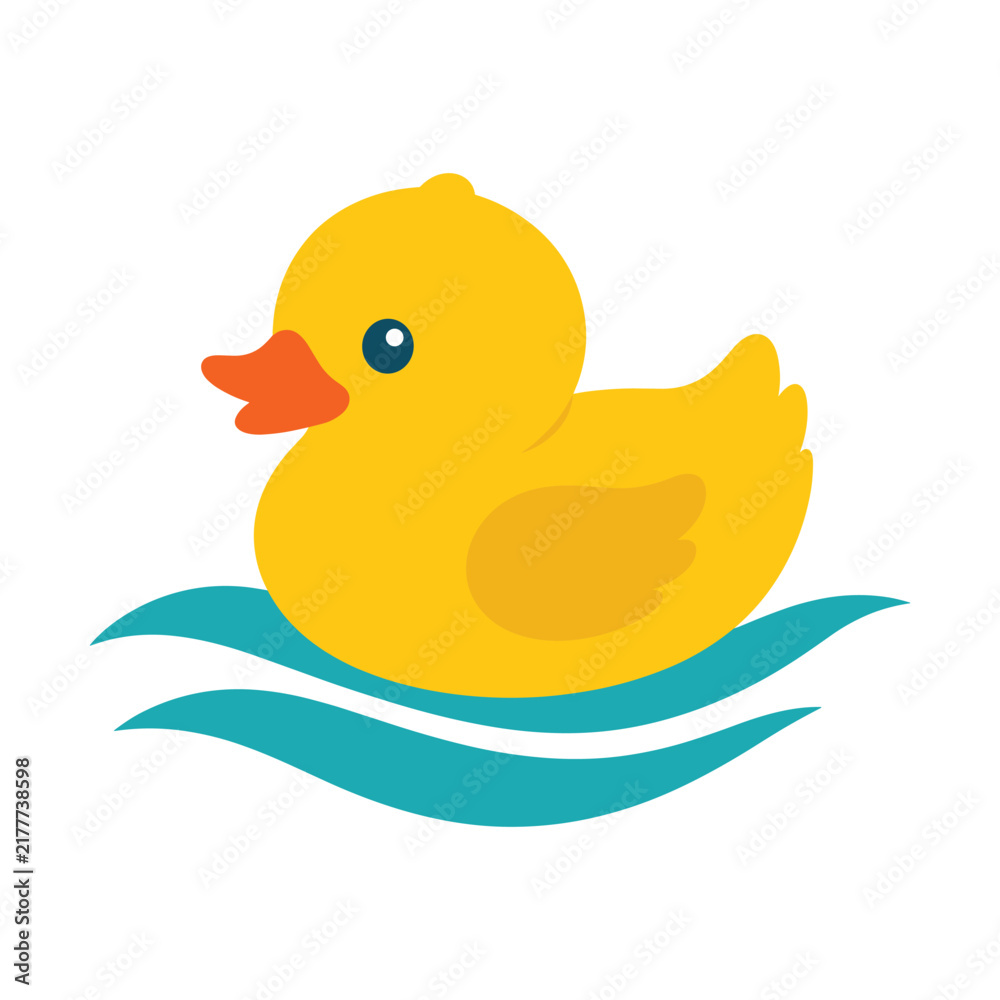 Fototapeta premium Yellow rubber duck swimming on blue waves for baby bath time toy design.