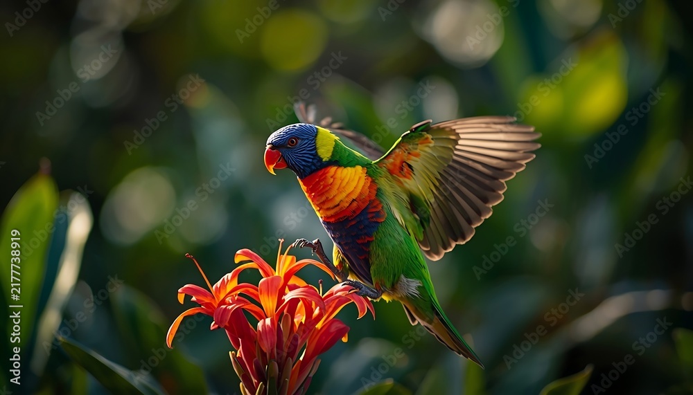 Obraz premium A vibrantly colored rainbow lorikeet with its wings spread slightly hovers over a bright orange flower in a lush, green garden setting.
