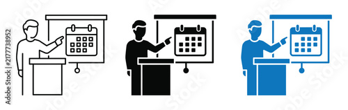 Person presenting calendar schedule on a white board or easel during a meeting. Business speaker presenting calendar event schedule project timeline presentation icon set in line solid.