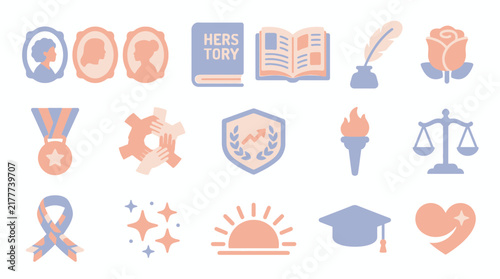 Collection of flat design icons representing women's history, achievements, and empowerment, featuring symbols like portraits, books, medals, and a sunrise.