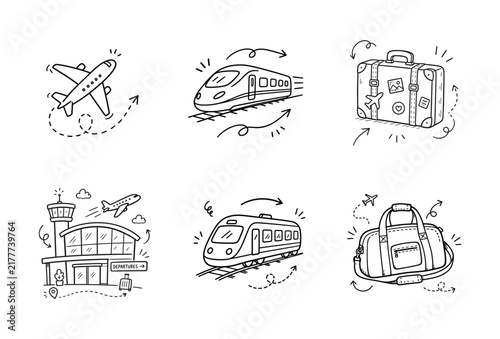 Travel and transportation hand drawn doodle icons set featuring airplane train airport and luggage.