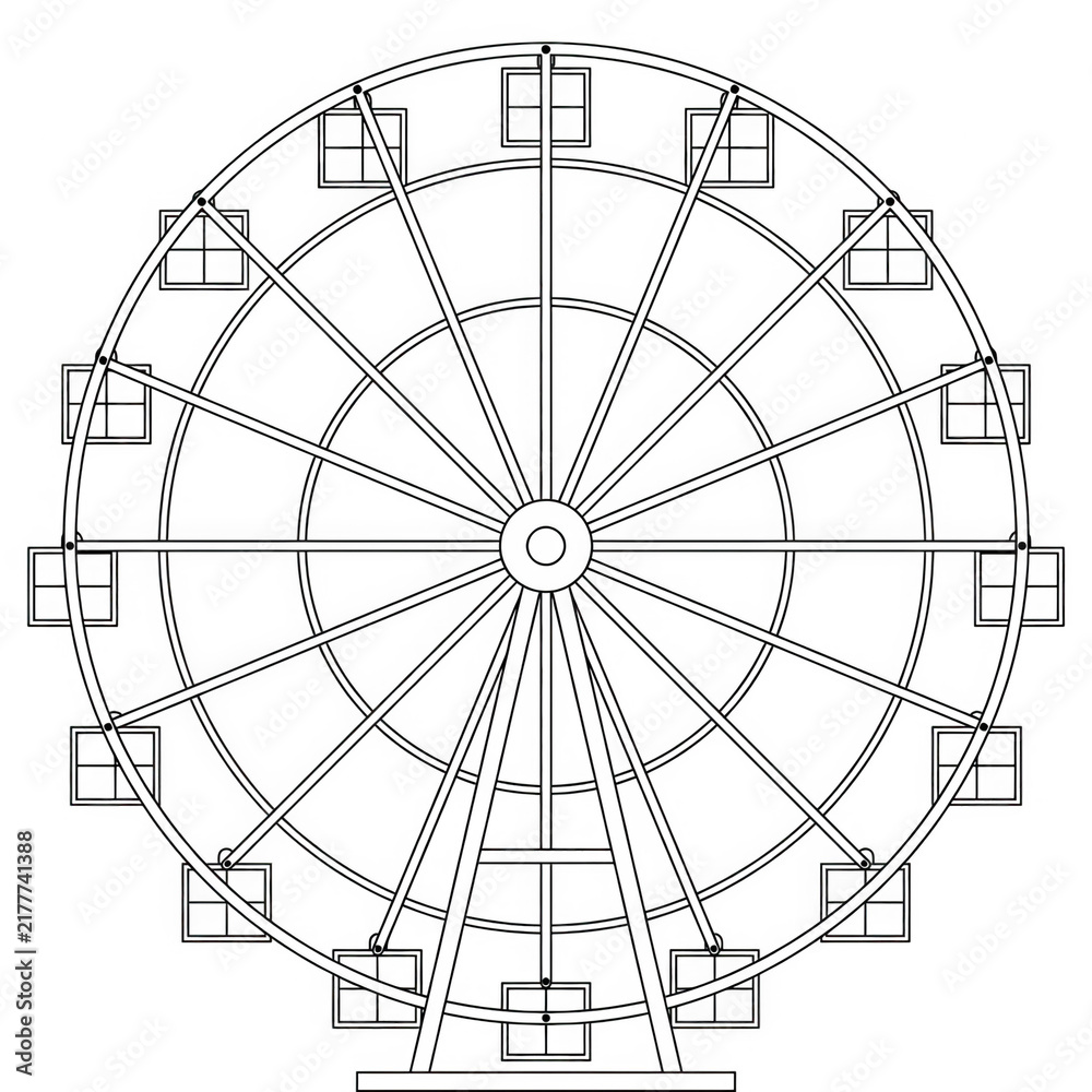 Fototapeta premium Dibujo lineal en blanco y negro de una noria de parque de atracciones con cabinas detalladas, ilustración vectorial aislada sobre fondo blanco.