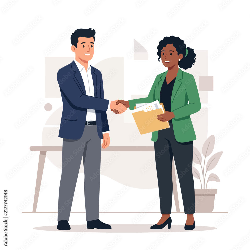 Fototapeta premium Business partners shaking hands, closing a deal, modern flat illustration with diverse professionals in an office setting.