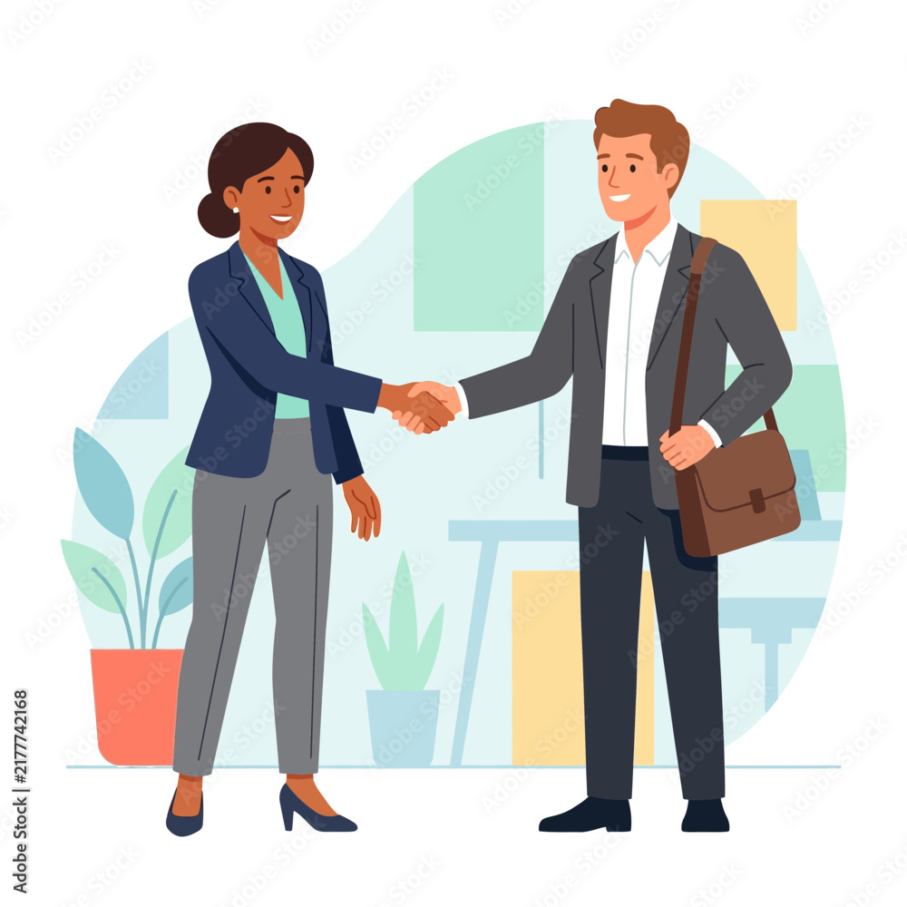 Fototapeta premium Business professionals, a man and a woman, shaking hands in agreement and partnership in an office setting.