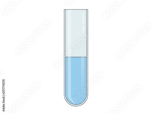 Ilustración vectorial de un tubo de ensayo de vidrio con líquido azul claro, aislado sobre fondo blanco, ideal para conceptos de ciencia, química y laboratorio médico.