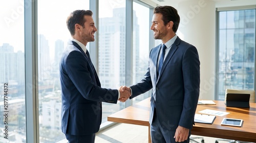 Two Caucasian men in business suits shaking hands in a modern office setting, showcasing a successful business partnership.
