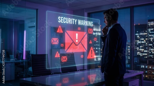 A contemplative man in a suit examines a holographic security warning in a modern office at night.