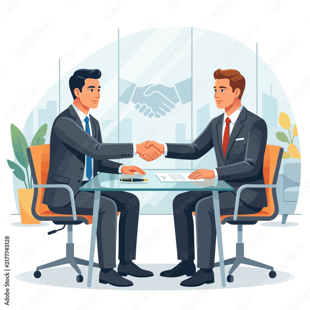 Obraz premium Businessmen shaking hands over a deal in modern office, vector illustration.