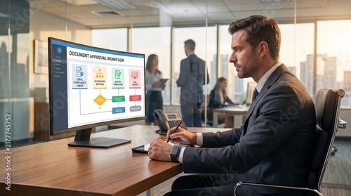 A focused Caucasian male professional reviews a document approval workflow on a computer in a modern office setting.