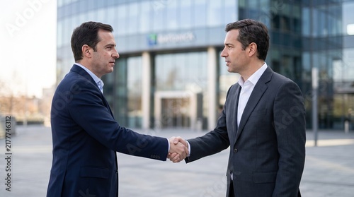Two Caucasian men in formal attire shake hands outside a modern glass building, symbolizing a successful business agreement.