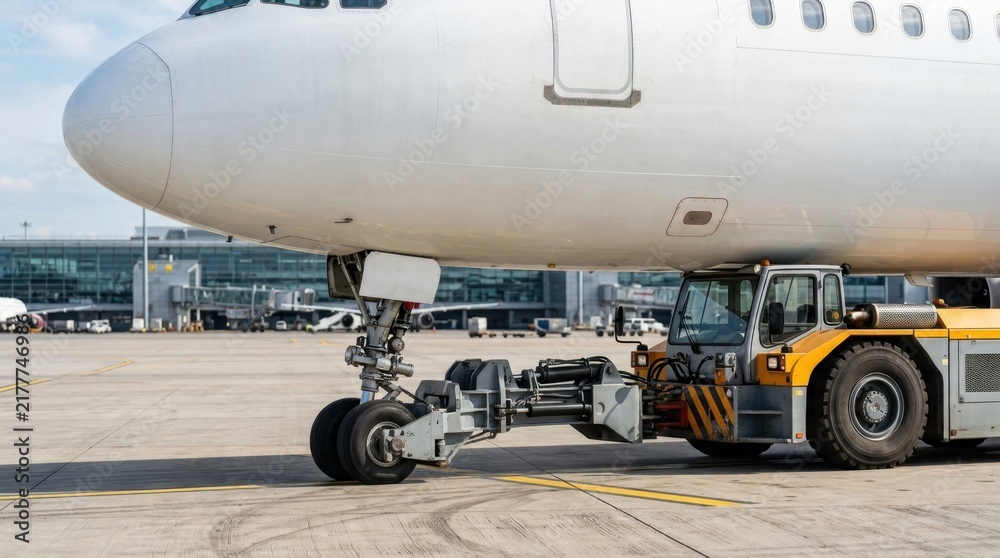 Fototapeta premium Yellow airport tug vehicle connected to front landing gear of large passenger airplane.