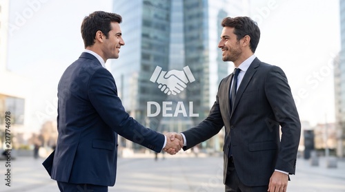 Two professional men shaking hands, celebrating a successful business deal outdoors in a modern urban setting.
