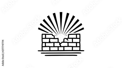 Sunburst over broken brick wall line art