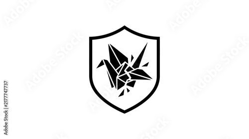 Geometric origami crane inside shield emblem