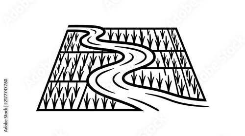 River flowing through agricultural field illustration