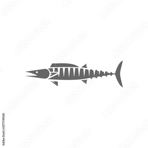 A flat, minimalist vector logo featuring a solid grey silhouette of a predatory marine fish, such as a wahoo or barracuda, characterized by an elongated body, pointed snout, vertical striping details,