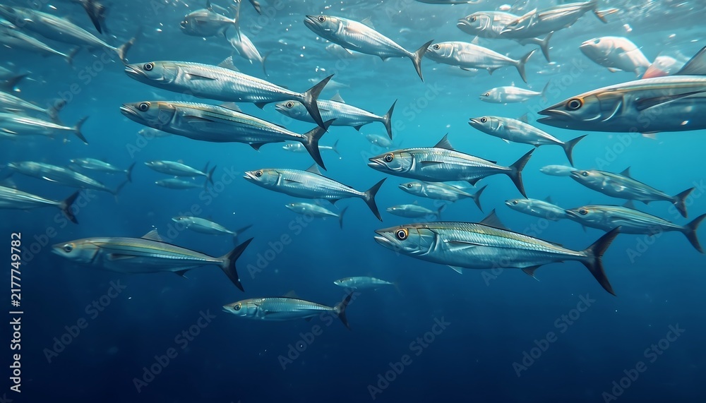 Obraz premium A large school of silver fish swims together in the deep blue ocean.