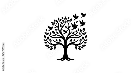 Stylized tree with birds flying out