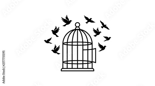 Birds flying out of open cage