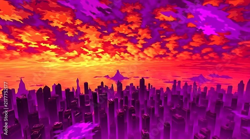 Vibrant futuristic cityscape skyline at sunset with dramatic purple and orange sky digital art illustration for sci-fi backgrounds gaming assets and creative projects