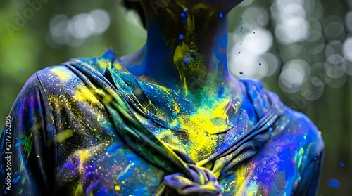 Vibrant Holi Festival Celebration - A person covered in colorful paint powder embraces joy and revelry capturing the spirit of unity and festive energy against a blurred background