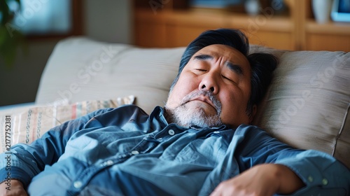 リビングのソファで居眠りをするシニア男性