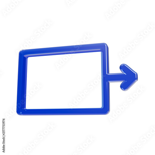 Fotografie Shiny blue 3d render of a square frame with an outgoing arrow, isolated on black