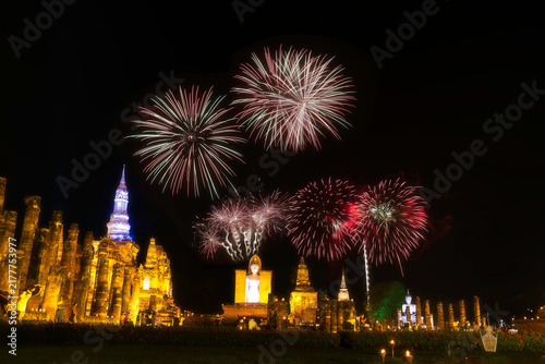 Canvastavla Firework at event of Loi Krathong festival showing in Sukhothai historical park, Thailand