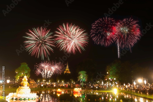 Konstfotografi Firework at event of Loi Krathong festival showing in Sukhothai historical park, Thailand