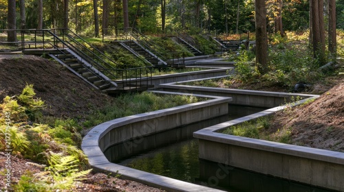 Engineered Water Management Facility with Reinforced Water Channels in a Natural Landscape