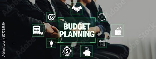 Quadro su tela Strategic Budget Planning with Business Team in Meeting Room, Financial Icons Illustrating Concepts of Management, Savings, and Financial Goals Fluxor