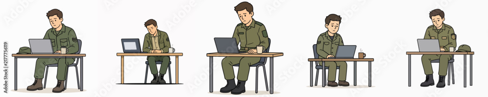 Obraz premium A set of vector illustrations of soldiers looking bored, listless, and exhausted from work.