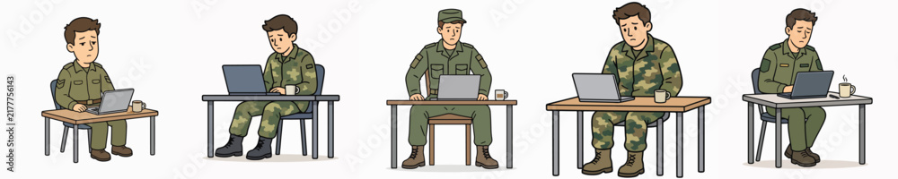 Obraz premium A set of vector illustrations of soldiers looking bored, listless, and exhausted from work.