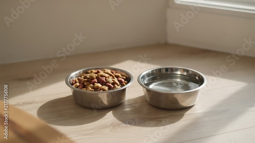 Two stainless steel bowls with dry pet food and water on a light wooden floor in morning sunlight