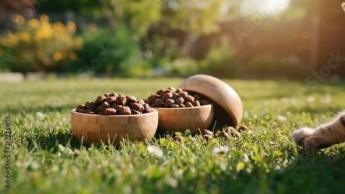 Two bamboo bowls filled with brown dry pet food kibble sitting on a green grass lawn in sunlight