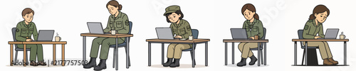 Canvastavla A set of vector illustrations of a female soldier looking bored and lethargic due to work at her desk