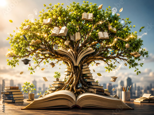 Education Concept with Books Transforming into a Glowing Knowledge Tree