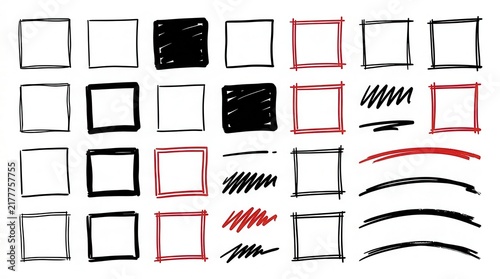 Hand Drawn Sketchy Square Frames and Scribble Elements Set in Black and Red Marker Style on White Background
