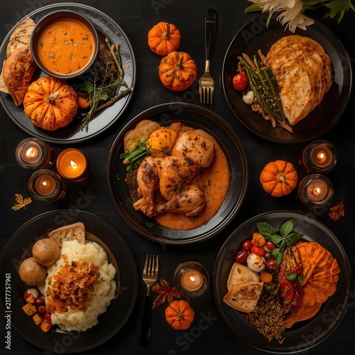 Abundant Autumn Feast: A delightful spread of autumn harvest dishes, featuring roasted chicken, creamy mashed potatoes, seasonal vegetables, and decorative mini pumpkins.