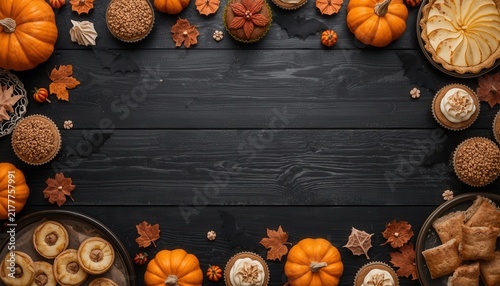 Autumnal Feast Flatlay: A rich harvest of pumpkins, pies, and baked treats arranged on a dark wooden surface, evoking the warmth and abundance of the fall season.
