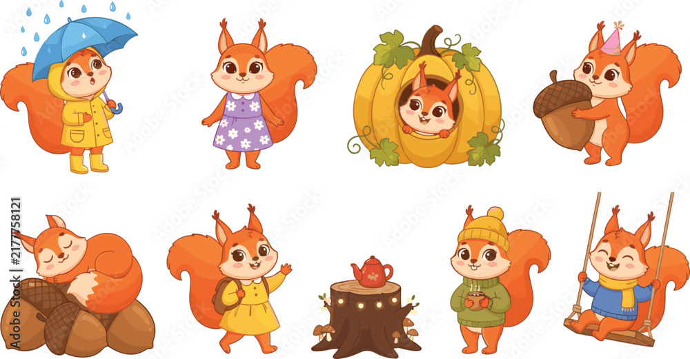 Obraz premium Cute Autumn Squirrel Vector Character Set Featuring Hand Drawn Illustrations of Happy Red Squirrels with Umbrella, Pumpkin, Acorn, Swing, and Drinking Tea on Tree Stump
