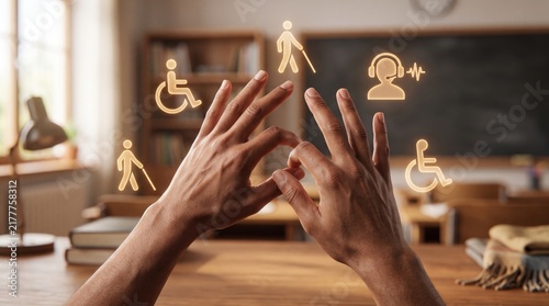 International day of sign languages education concept with hands forming gestures and accessibility icons signlanguage communicatio