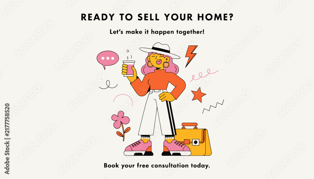 Fototapeta premium woman with luggage and speech bubble ready to sell home