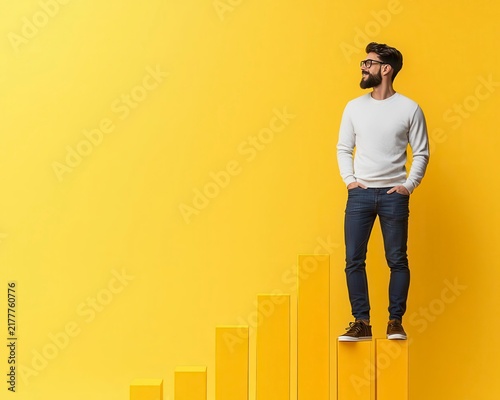 Startup founder standing on peak of rising bar graph