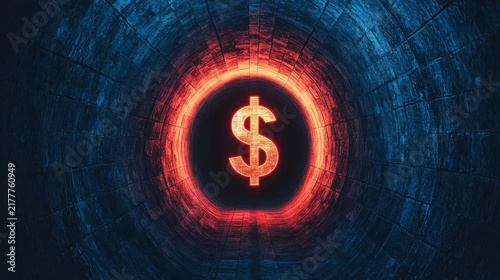 Digital tunnel leading into light shaped like dollar sign